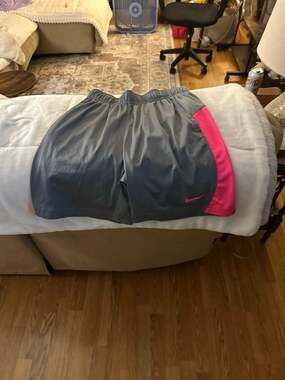 Nike youth s Dri -Fit Athletic Mesh Shorts Grey with Pink Swoosh and Stripe